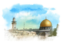 Scenic View Of Jerusalem Old City With The Dome Of Rock. Watercolor Sketch.