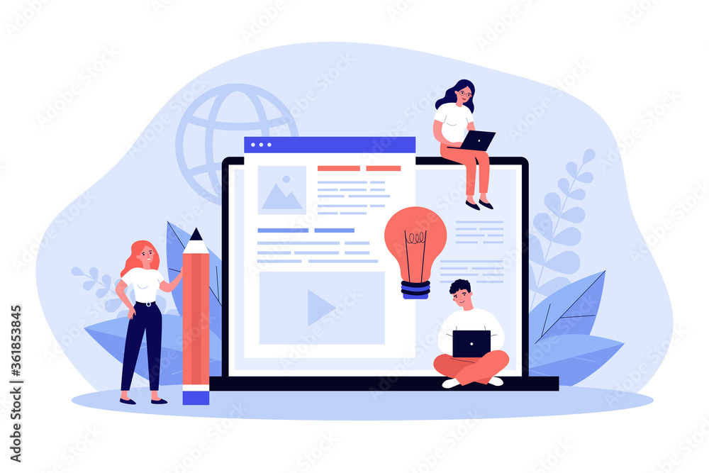 Blog authors writing articles. Freelance writers with laptops creating internet content. Vector illustration for online education, people of creative job, seo marketing concept - obrazy, fototapety, plakaty 