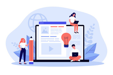 Wall Mural - blog authors writing articles. freelance writers with laptops creating internet content. vector illu