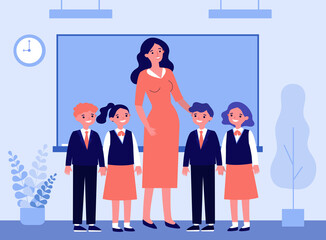 Wall Mural - happy children and teacher standing together in classroom. class, classmates, pupils flat vector ill