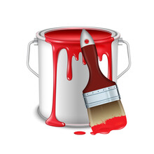An Open Tin Can With Spilled Red Paint And A Brush Smeared In Paint.