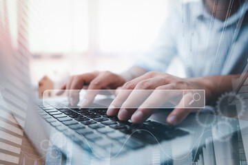 Leinwandbilder - Data Search Technology Search Engine Optimization. man's hands are using a computer notebook to Searching for information.Using Search Console with your website.