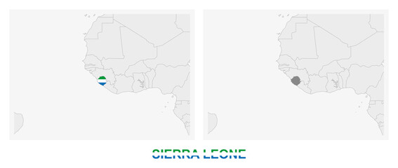 Two versions of the map of Sierra Leone, with the flag of Sierra Leone and highlighted in dark grey.