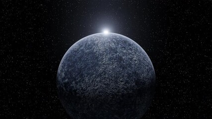 Wall Mural - sunrise on rotating blue ice planet in space. cold sun appears and flares. zoom in. camera approachi