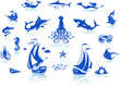 set of fishes, shells,  sea life and ships silhouettes isolated