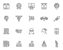 Independence Day Line Icons Set. Linear Style Symbols Collection, Outline Signs Pack. Vector Graphics. Set Includes Icons As USA Flag, Statue Of Liberty, 4th July Calendar, United States Declaration