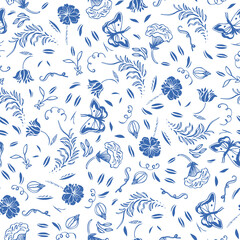 Vector delft blue royal hand drawn elegant floral seamless pattern with lline art and cutout florals on white background. Nature background. Surface pattern design.