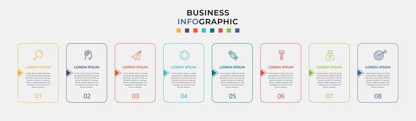 Business Infographic design template Vector with icons and 8 eight options or steps. Can be used for process diagram, presentations, workflow layout, banner, flow chart, info graph