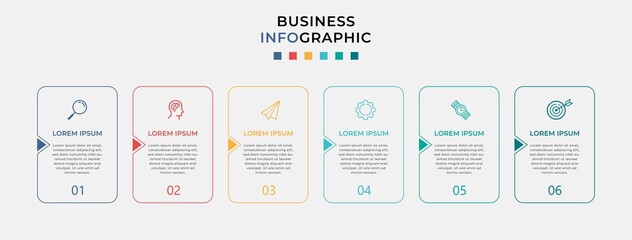 Business Infographic design template Vector with icons and 6 six options or steps. Can be used for process diagram, presentations, workflow layout, banner, flow chart, info graph