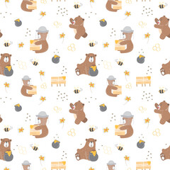 Wall Mural - Kids baby seamless pattern with honey bear concept