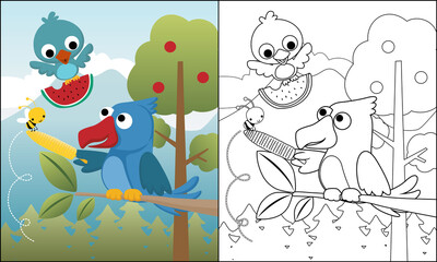 Wall Mural - vector illustration of birds cartoon with little bee in forest, coloring book or page