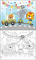 Canvas Print - vector illustration of funny animals cartoon, circus parade on car, coloring book or page