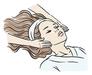 Hand drawn digital illustration of a woman receiving skin care service.