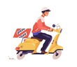 Pizza deliveryman ride on scooter vector flat illustration. Male courier express delivering pizzeria order isolated on white. Smiling guy in protective helmet carrying box with tasty hot food