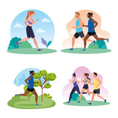 Poster - set scenes of jogging people, people running vector illustration design