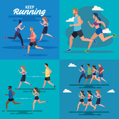 Sticker - set scenes of jogging people, people running vector illustration design