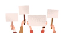 Female Hands Holding Empty Banners With Place For Text Taking Part At Demonstration Vector Flat Illustration. Different Woman Arms With Placards At Protest Meeting Isolated On White
