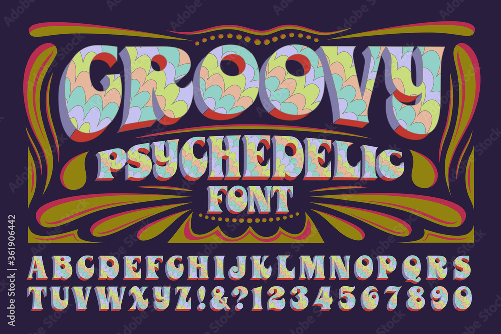 A Groovy Hippie Style Psychedelic Alphabet; This 1960s Style Font Has Multicolored Pastel Hues and 3d Effects - obrazy, fototapety, plakaty 