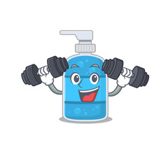 Wall Mural - Hand wash gel mascot design feels happy lift up barbells during exercise