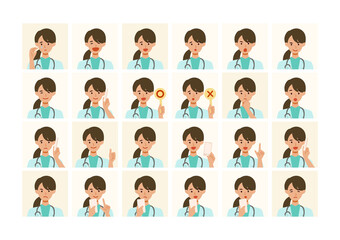 Sticker - Face expressions of a doctor woman in lab coat. Different female emotions and poses set.