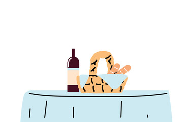 Sticker - Restaurant table with wine botttle and breads basket vector design