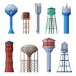 Water Towers Collection, Liquid Storage Tanks, Countryside Life Objects Flat Vector Illustration on White Background