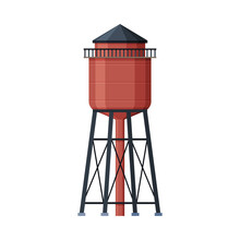 Red Water Tower, Liquid Storage Tank, Countryside Life Object Flat Vector Illustration On White Background