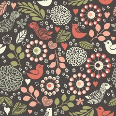 Wall Mural - Vector colorful pattern with birds and flowers, retro style, floral backdrop. Spring, summer flower design for web, wrapping paper, cover, textile, fabric, wallpaper