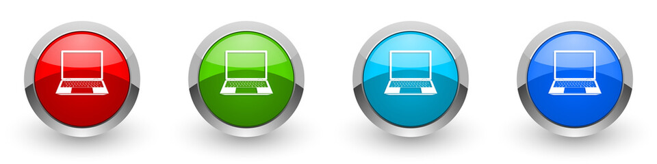 Aufkleber - Open notebook silver metallic glossy icons, laptop, mobile computer concept set of modern design buttons for web, internet and mobile applications in four colors options isolated on white background