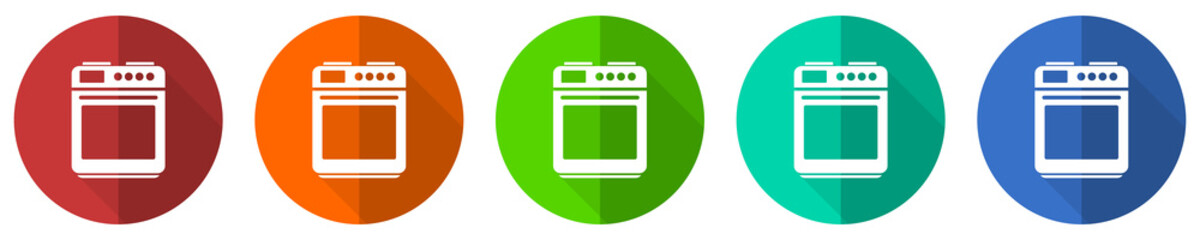Aufkleber - Stove and oven icon set, red, blue, green and orange flat design web buttons isolated on white background, vector illustration