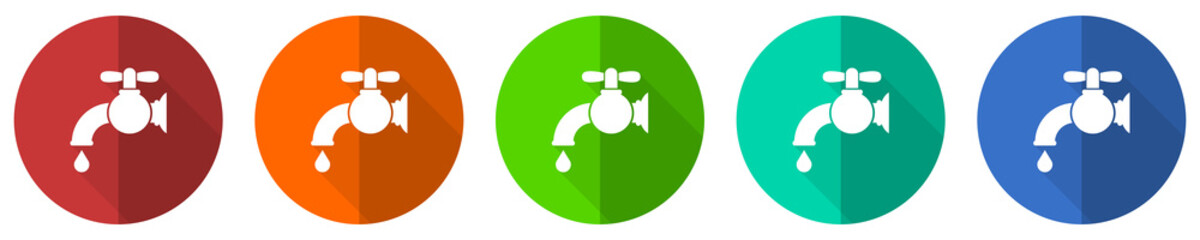 Poster - Water faucet, old tap icon set, red, blue, green and orange flat design web buttons isolated on white background, vector illustration