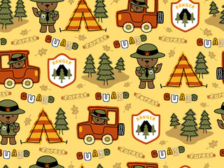 Sticker - seamless pattern of funny ranger cartoon with car, tent, trees, badge