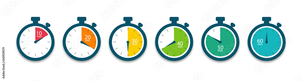 Set of timer. Stopwatch icons. Countdown 10.20,30,40,50,60 minutes. Vector - obrazy, fototapety, plakaty 