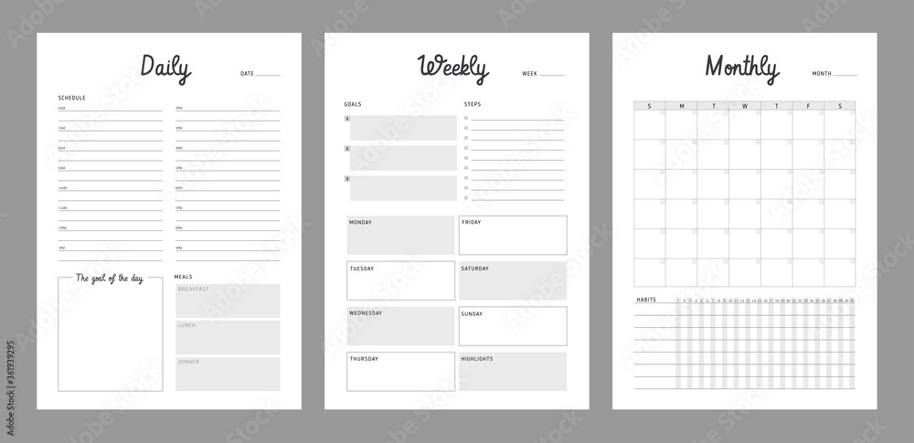 3 Set of minimalist planners. Daily, weekly, monthly planner template. Simple printable to do list. Business organizer page. Paper sheet. Realistic vector illustration. - obrazy, fototapety, plakaty 