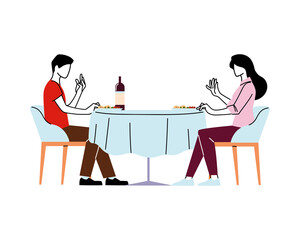 Poster - Woman and man sitting at restaurant table with wine vector design