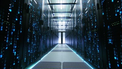 Data Center Matrix Style Numbers Raining in Server Racks. Animation Visualizing and Digitalizing Virtual Reality of Information, Data, Simulation, Quantum Super Computing, AI and Neural Networks