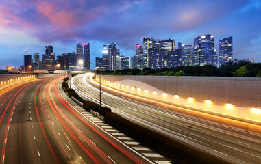 Poster - Singapore skyline at night with traffic