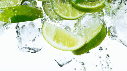 Fototapete - Lime Slices with ice cubes falling deeply under water