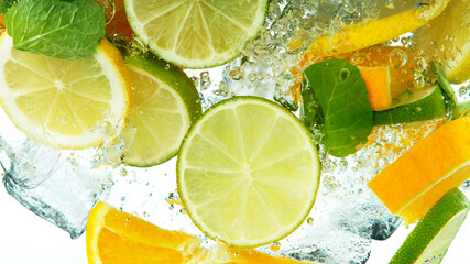 Poster - Lemon, orange and lime slices falling under water