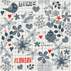 Wall Mural - retro floral pattern with birds