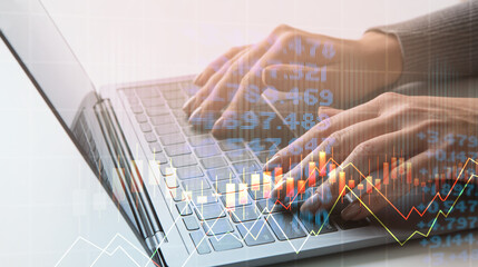 Poster - Collage with stock market data on virtual screen and businesswoman working on laptop
