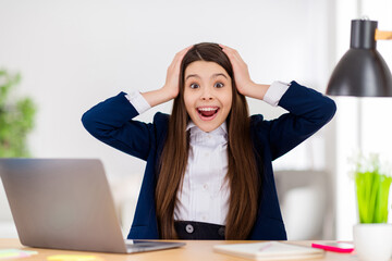 Sticker - Photo of little funny pretty student school girl notebook online lesson video call good mood arms on head distance quarantine study september autumn at home living room classroom indoors