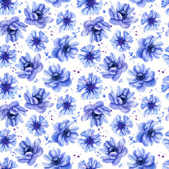  Blue flowers, cornflower, anemones, seamless flower patterns, watercolor floral design on a white background