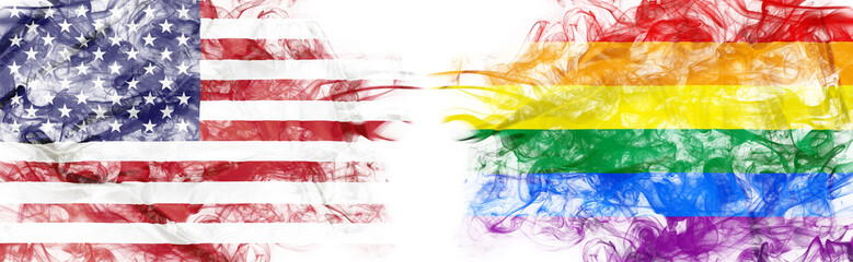 American flag and rainbow flag in smoke shape on white. Concept of conflict and LGBT rights. America VS LGBT community metaphor. Tension and crisis for civil right and gay pride. 3D illustration