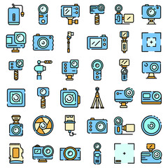 Wall Mural - Action camera icons set. Outline set of action camera vector icons thin line color flat on white