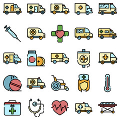 Sticker - Ambulance icons set. Outline set of ambulance vector icons thin line color flat on white