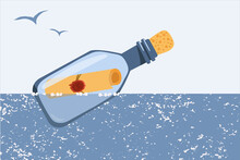 A Bottle With A Message Floats On The Sea. Vector Illustration. Design Of Children's Products.