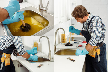 Canvas Print - Collage of handsome plumber cleaning kitchen sink with plunger