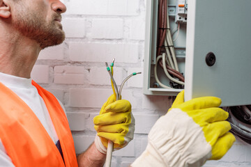 Wall Mural - Cropped view of electrician in gloves holding wires near electrical distribution box