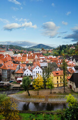 Wall Mural - View of Cesky Krumlov, Czech Republic, the old medieval town. UNESCO World Heritage Site. Beautiful view to church and castle. One of the famous sights in the country. 